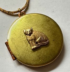 VINTAGE LOCKET ROUND BRASS CAT PENDANT 1 1/4″ NECKLACE 24″ VTG BRASS CHAIN