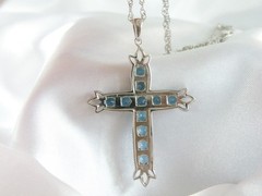 Vintage Sterling Silver 925 Heated London Blue Topaz Cross Pendant Necklace