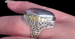 Antique Art Deco Large Hexagon Amethyst Cocktail Ring 14k White Gold Yellow