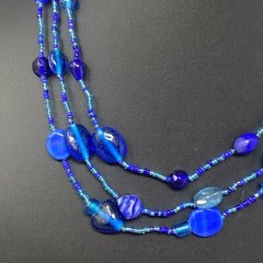 Layered Art Glass Necklace Blue Marble Opaque Transparent Bead Seed Acrylic 20″