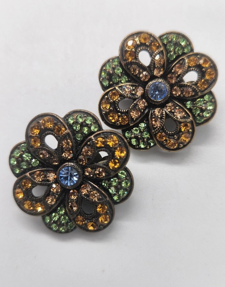 Signed LaVintage China QVC Multicolor Rhinestones Floral Clip On Earrings