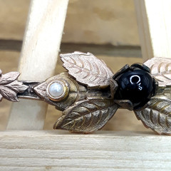 Antique Art Nouveau Repousse Brass Black Glass Bead Floral Bar Brooch 3.25″