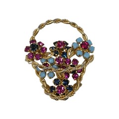 Pink Blue Rhinestone Flower Basket Brooch Pin Gold Tone Vintage 2 Inch Unsigned