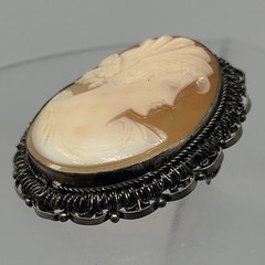 Victorian Antique Silver Tone Filigree Cameo Pink White Lady Carved Shell Brooch