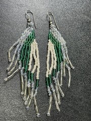 Vintage 4” Green & Blue Colorful Seed Beaded Dangle Earrings