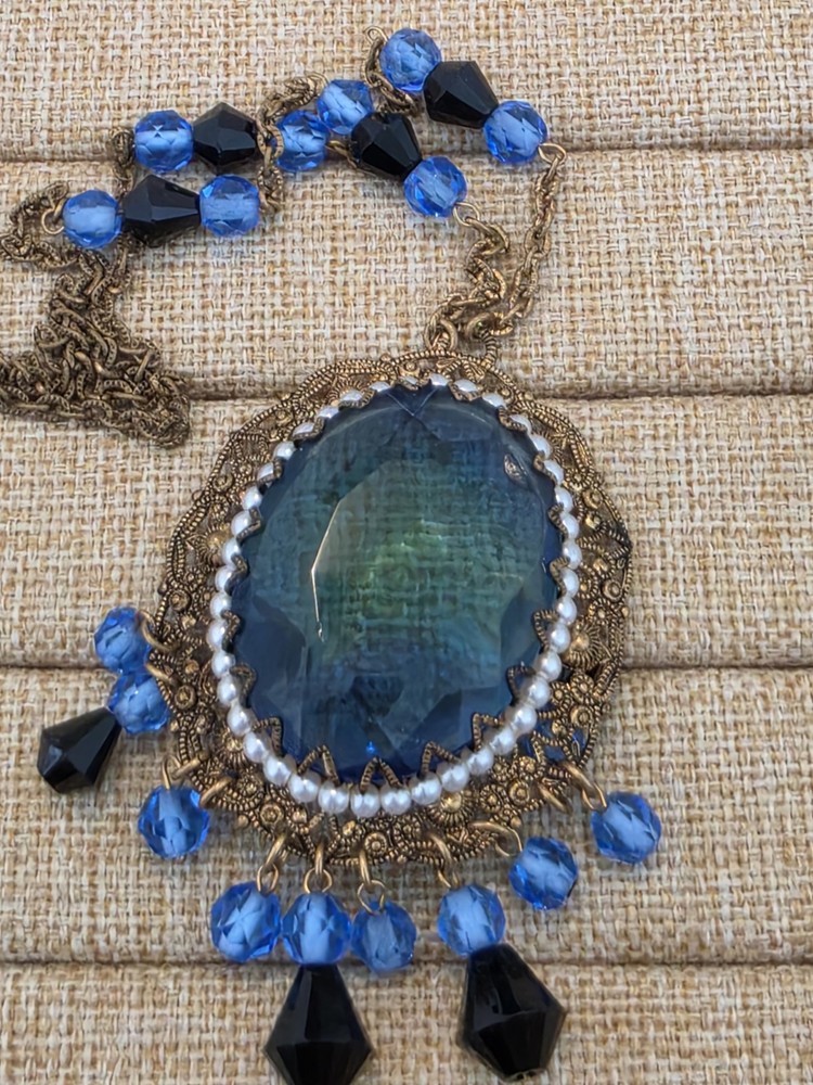 Vintage West Germany Blue Glass Cabachon Necklace