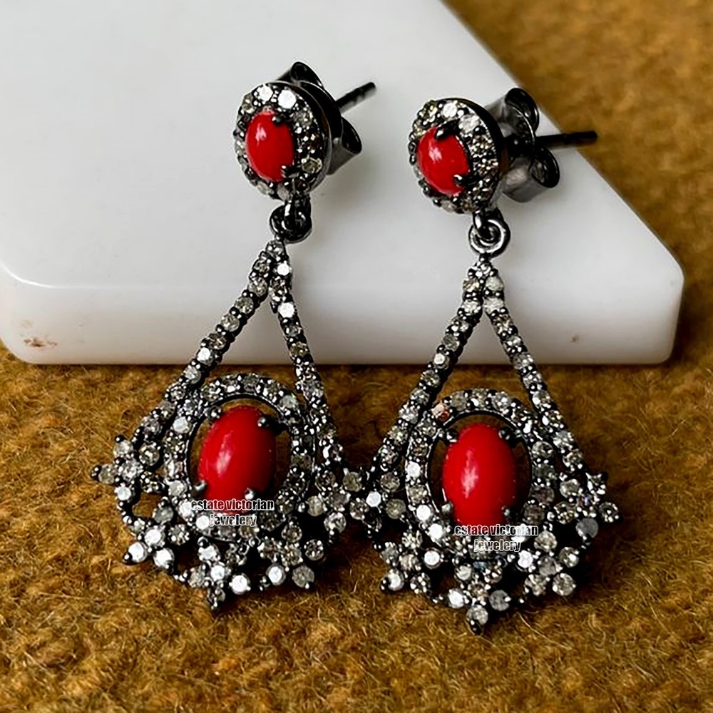 Stunning 1.35ctw Rose Cut Diamond Coral Studded Silver Victorian Earring Jewelry