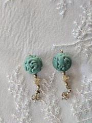 Chinese Turquoise Shou Carved Bead Earrings & Necklace 21” Gold Plated Clasp
