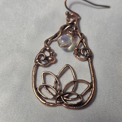 Copper Tone Lotus Teardrop Earrings Wire-Wrapped Designs Iridescent Crystal