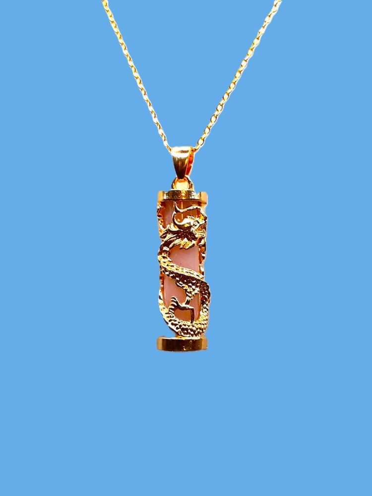 Oriental Faux Light Pink Jade Dragon Pillar Necklace w/18” Gold Tone Chain