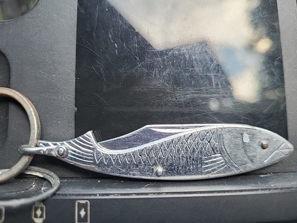 Unusual Vintage Knife Silver Fish Pendant Details Opens To Knife Hallmark