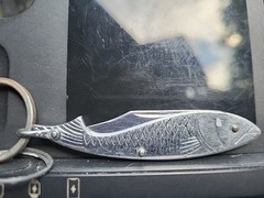 Unusual Vintage Knife Silver Fish Pendant Details Opens To Knife Hallmark