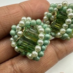 Vintage Japan Clip On Earrings Green Baguette Faux Pearl Beaded Cluster