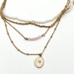 Necklace Vintage Gold Tone Multi-Layered Faux Pearl Pink Bead Oval Medallion