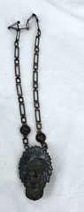 Copper Metal Native American Chief Necklace 20″ Glass Rhinestones Blue Beads Vtg