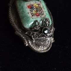 Antique Silver Tone Millefiori Micromosaic Brooch Pin Green Rhinestones Art Deco