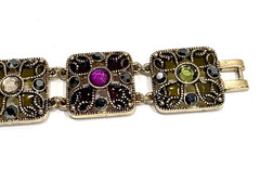 Monet Filigree Panel Bracelet 7″ Multi Color Stones Fold Over Clasp Vintage