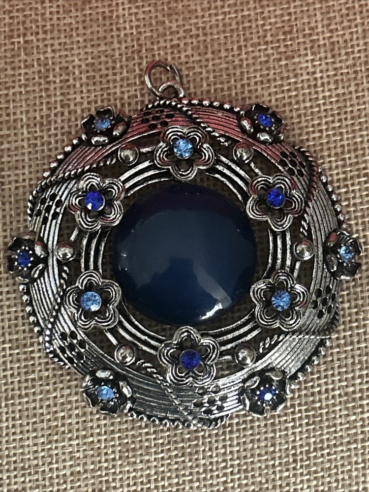 VTG Signed GB Silver Tone Blue Cabochon Rhinestone Filigree Pendant LARGE 2.5 in