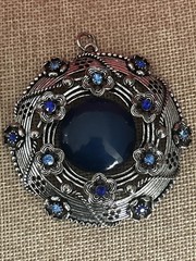 VTG Signed GB Silver Tone Blue Cabochon Rhinestone Filigree Pendant LARGE 2.5 in