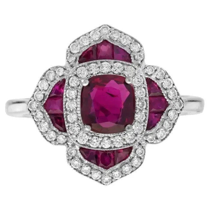 Art Deco Style Ruby Lab Created Diamond Wedding Women’s 14K White Gold FN Ring