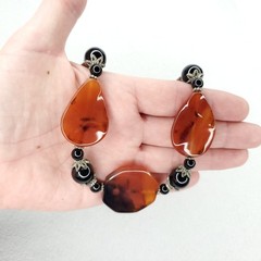 Polished Agate Beaded Necklace Rust Orange Black Toggle Boho 16″