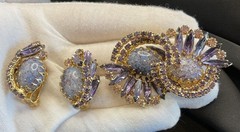 VTG HOBE Signed Purple Glass Cabochon With Rhinestone Brooch & Earring Set RARE