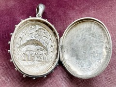 Antique English Victorian Sterling Silver Locket Pendant with Bird Cattails