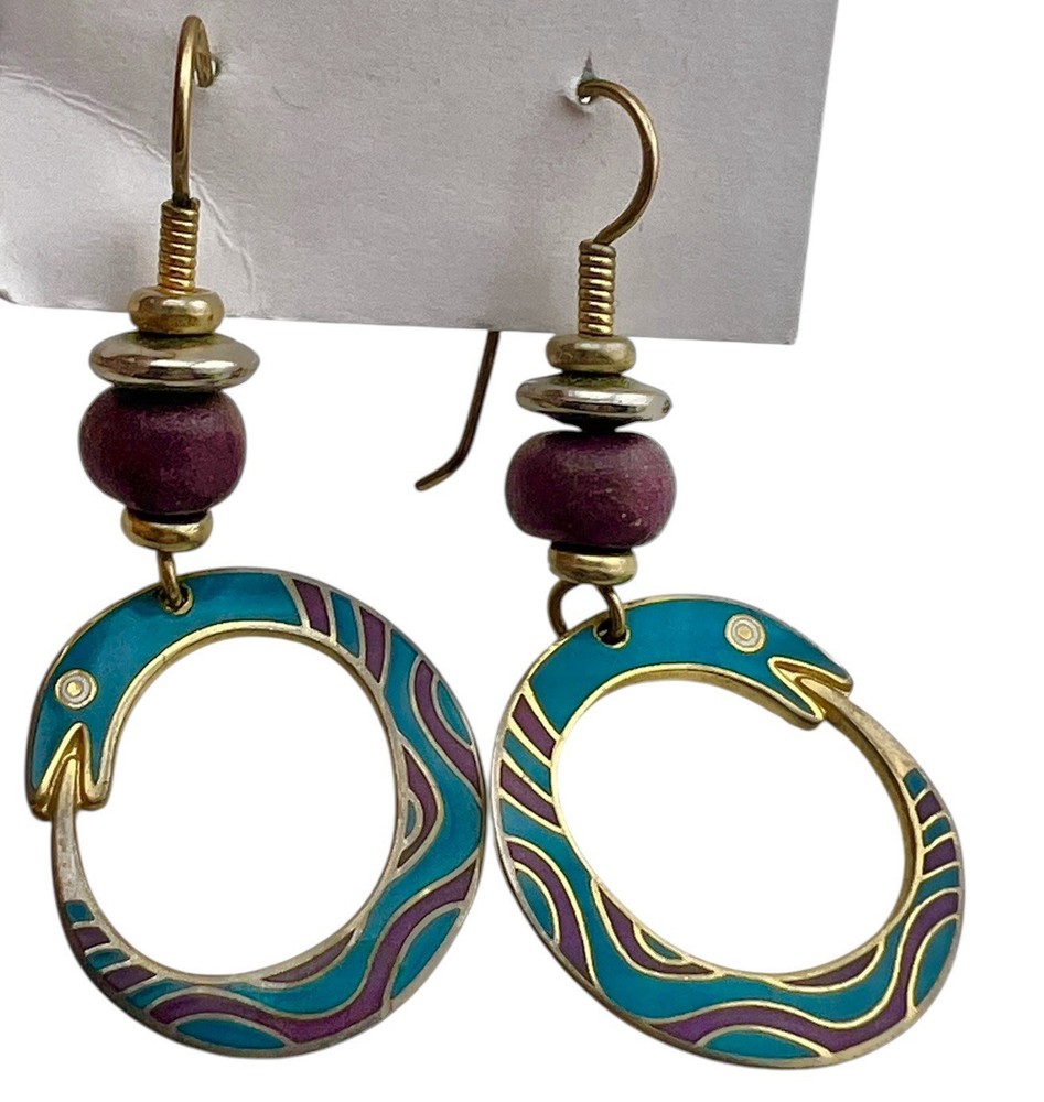 Laurel Burch Earrings Serpentine Snake Teal & Purple Enamel Gold Circle Dangle