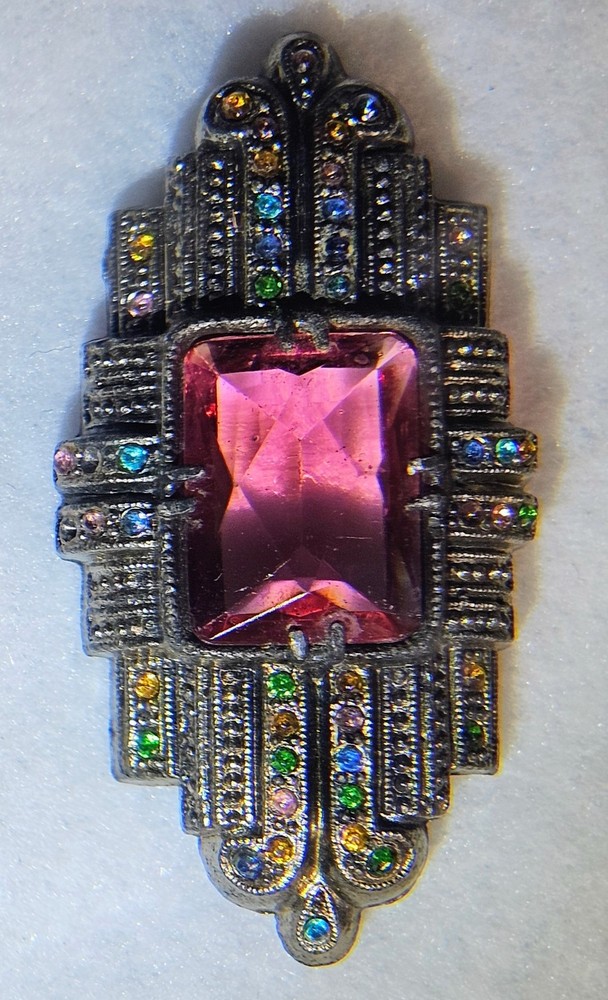 Antique Little Nemo Art Deco Brooch Silvertone Dark Pink Multi Color Rhinestone