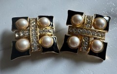 Vintage Gold-Tone Black Enamel Faux Pearl and Rhinestone Clip-On Earrings
