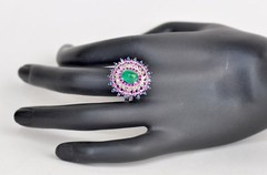 18KT WHITE GOLD COLORFUL COLOMBIAN EMERALD RUBY DIAMOND BLUE SAPPHIRE RING