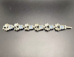 Vintage Blue Moonglow Thermoset Rhodium Plated Link Bracelet 7”