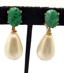 Signed Marvella Drop Dangle Faux Pearl Earrings with Peking Glass!
