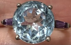 Vintage KL 925 Sterling Silver Big Sky Blue Topaz Amethyst Baguettes Ring Sz6.75