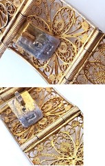 Antique Italian Gilt Silver Filigree Panel Bracelet, Natural Salmon Coral Drops