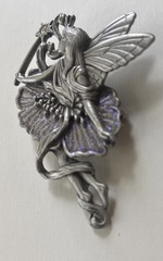 VINTAGE JJ JONETTE PEWTER MAGICAL WINGED FAIRY FLORAL PURPLE GLITTER BROOCH