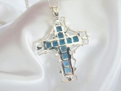 Large Sterling Silver 925 Heated London Blue Topaz Cross Pendant Necklace