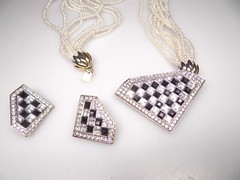 Glamorous 80s Checkerboard Rhinestones Statement Necklace Earrings Set