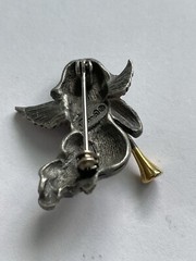 Vintage DARIA Pewter & Gold Tone ANGEL PIN BROOCH Blowing Horn Trumpet