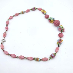 Art Deco Pink Satin Flower Melon Molded Glass Beaded 16.5″ Antique Necklace