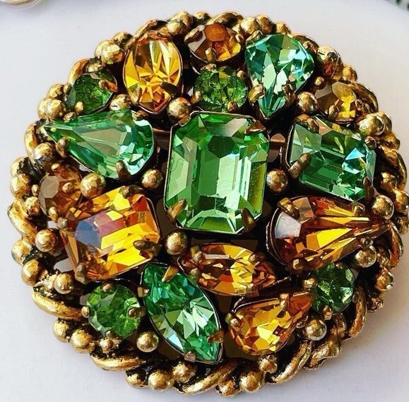VTG Signed Barclay Brooch 1947 USA 12K Gold Plated W Yellow Green Cut Crystals
