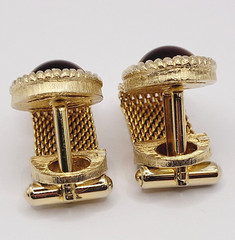 Swank Brown Lucite Tigers Eye Cabochon Center Gold Mesh Wrap Fancy Cufflinks
