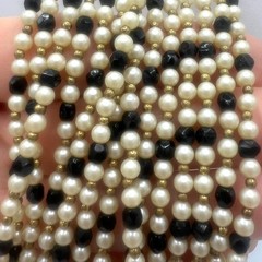 Vtg Jomaz/Joseph Mazer Signed Pearl/Blk Bead Lariat Necklace–7 Strand Scarf Styl