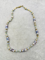 Vintage Porcelain Floral Bead Necklace Mixed Stone Beads Blue White Boho