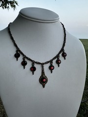 Antique 1930s Brass And Red Glass Festoon Style Necklace