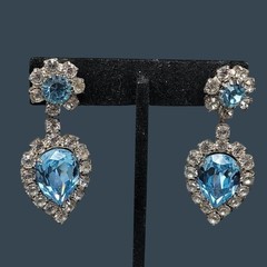 Vintage Art Deco Baby Blue Clear Rhinestone Teardrop Dangle Post Earrings