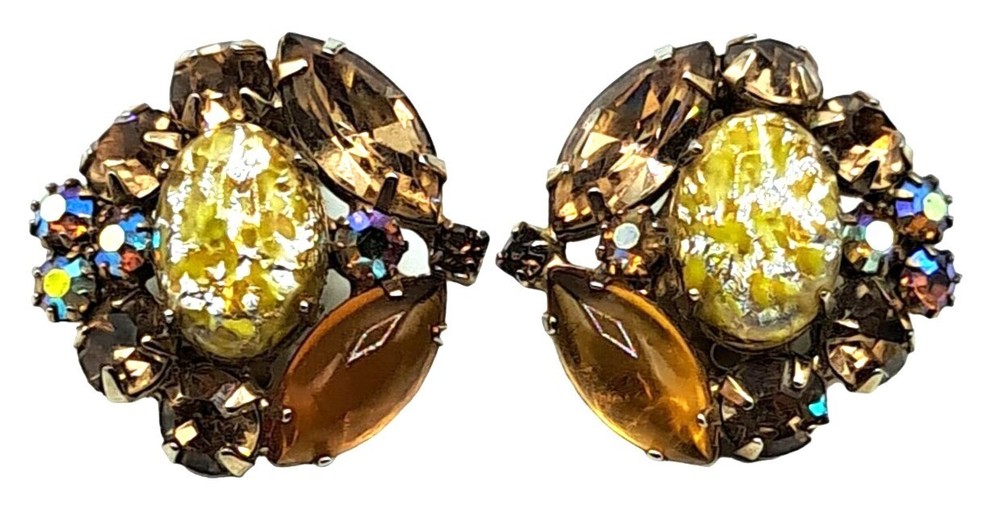 Yellow Foil Art Glass Rhinestone Earrings Autumn Colors Vintage Costume Jewelry