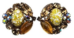 Yellow Foil Art Glass Rhinestone Earrings Autumn Colors Vintage Costume Jewelry