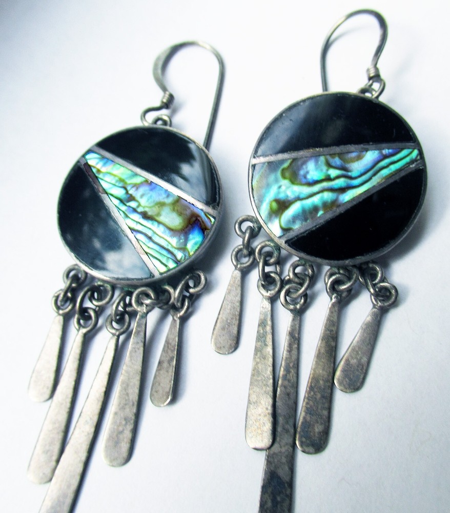 STERLING EARRINGS w ABALONE & DANGLES , 2 1/2 INCHES