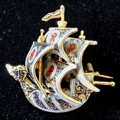 Vintage Damascene Spanish Galleon Ship Brooch Red Enamel Details Signed 1.5″